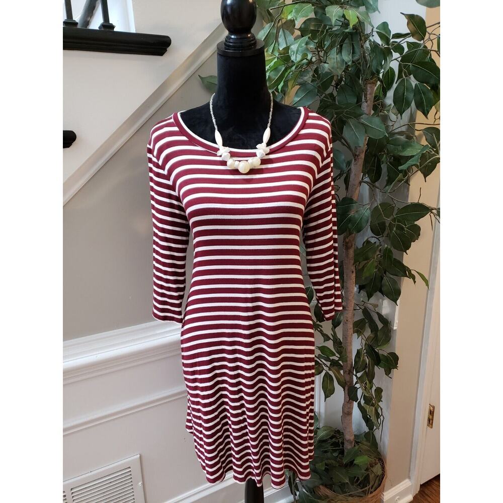 YEE Women's Brown & White Rayon Round Neck 3/4 Sleeve Knee Length Dress Small